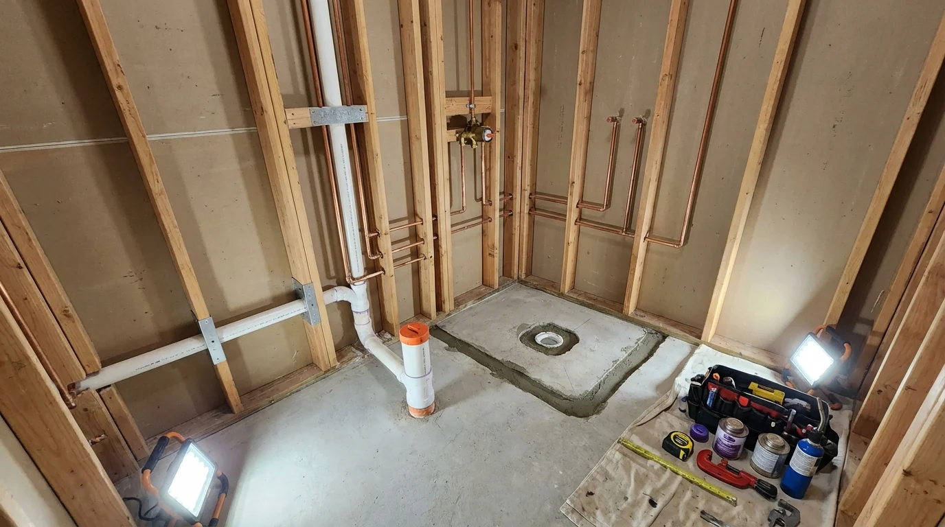 Bathroom rough-in plumbing during remodel by Johns Plumbing LLC in Oakland