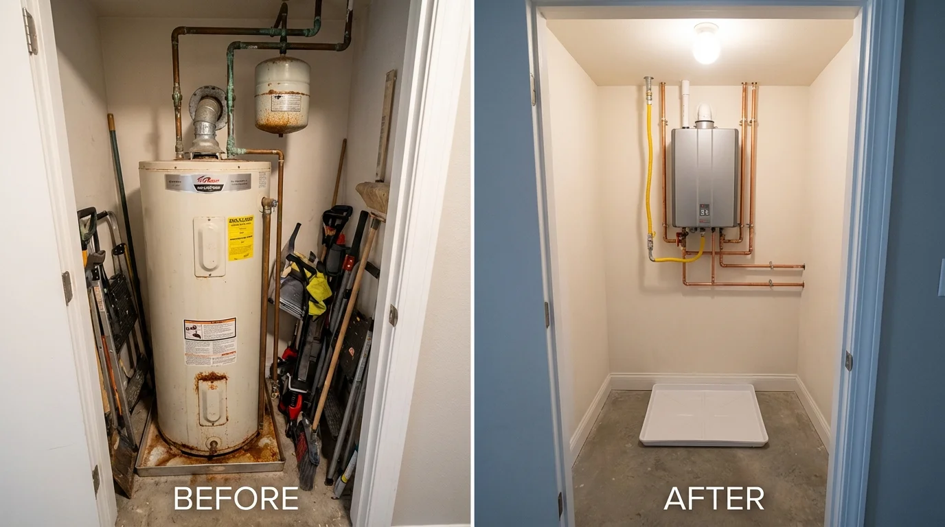 Tank water heater versus wall-mounted tankless unit comparison for Oakland, IA homeowners
