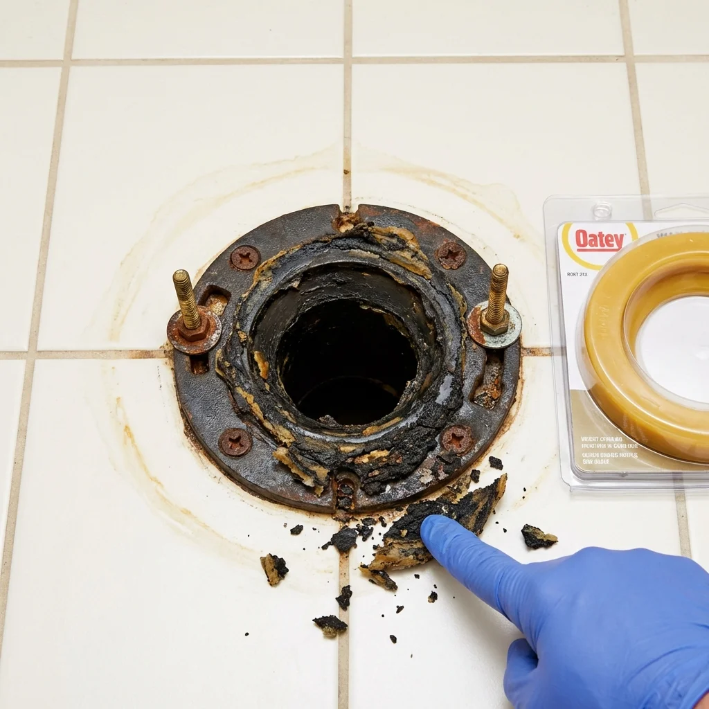 Failed wax ring showing water seepage at the base of a toilet in a Oakland, IA home