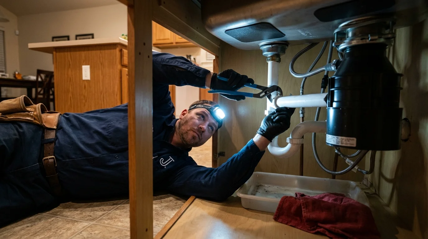 P-trap and supply line connections under a kitchen sink showing a common leak point in Oakland, IA